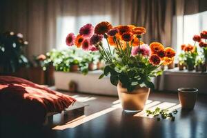 un florero de flores se sienta en un mesa en frente de un ventana. generado por ai foto