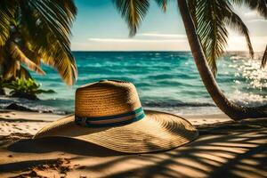 Paja sombrero en el playa. generado por ai foto