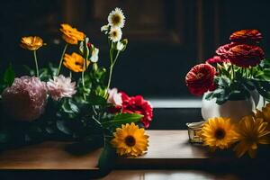 flores en un florero en un mesa. generado por ai foto