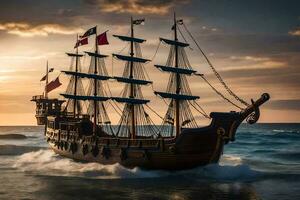 a pirate ship in the ocean at sunset. AI-Generated photo