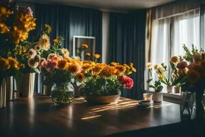 un mesa con flores en floreros en él. generado por ai foto