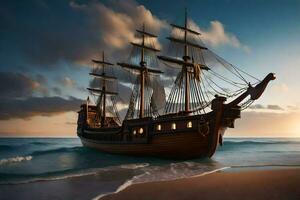 a pirate ship on the beach at sunset. AI-Generated photo