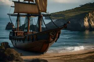 a pirate ship is sitting on the beach. AI-Generated photo