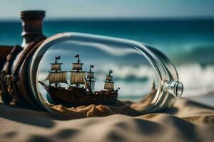 a ship in a bottle on the beach. AI-Generated photo