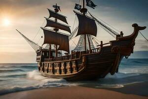 a pirate ship is sailing on the ocean. AI-Generated photo