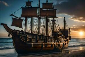 a pirate ship on the beach at sunset. AI-Generated photo