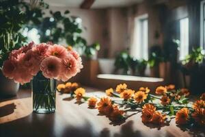 flowers in a vase on a table. AI-Generated photo