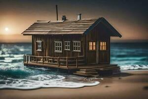 a miniature wooden house on the beach at sunset. AI-Generated photo