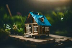 un miniatura casa en un de madera plataforma. generado por ai foto