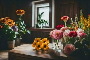 flowers in vases on a table in a room. AI-Generated photo