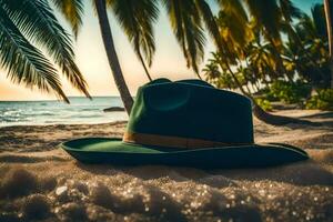 a green hat on the beach with palm trees. AI-Generated photo