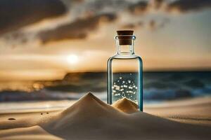 message in a bottle, beach, sand, sunset, water, hd wallpaper. AI-Generated photo