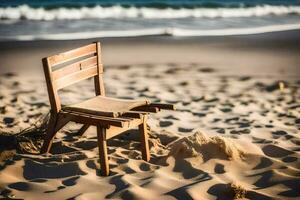un silla en el playa con arena y olas en el antecedentes. generado por ai foto