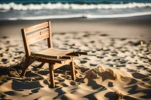 a chair on the beach with sand and waves in the background. AI-Generated photo