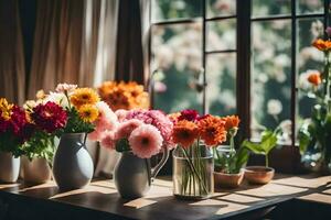 flowers in vases on a table near a window. AI-Generated photo