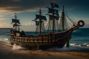 a pirate ship is on the beach at sunset. AI-Generated photo