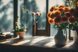 flowers in vases on a window sill. AI-Generated photo