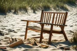 a wooden chair sits on the sand near a beach. AI-Generated photo