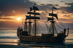 a pirate ship is on the beach at sunset. AI-Generated photo