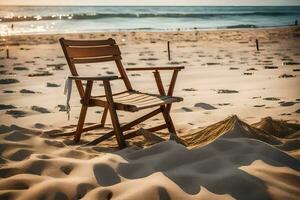 a wooden chair sits on the beach at sunset. AI-Generated photo