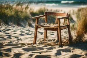 a wooden chair sits on the sand near the ocean. AI-Generated photo