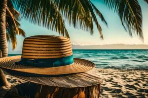 un sombrero se sienta en un de madera tocón cerca el océano. generado por ai foto