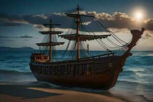 a pirate ship on the beach at sunset. AI-Generated photo