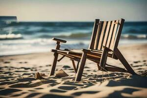 a wooden chair sits on the beach near the ocean. AI-Generated photo