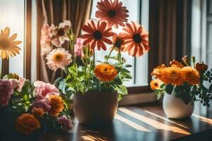 flowers in vases on a windowsill. AI-Generated photo