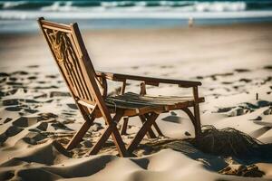 a wooden chair sits on the beach near the ocean. AI-Generated photo