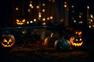 halloween pumpkins in the dark with lights. AI-Generated photo