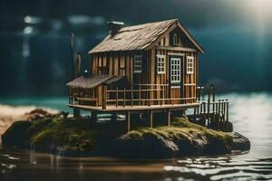 a miniature house on a small island in the water. AI-Generated photo