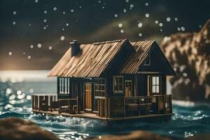 a small wooden house floating in the water. AI-Generated photo