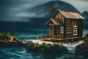 a miniature house on a rock in the ocean. AI-Generated photo