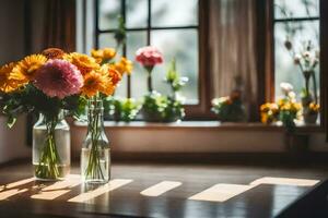 flowers in a vase on a table. AI-Generated photo