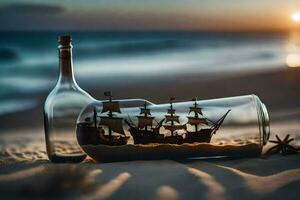 a bottle with a ship inside and sand on the beach. AI-Generated photo