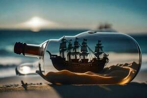 a ship in a bottle on the beach. AI-Generated photo