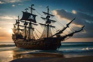 a pirate ship on the beach at sunset. AI-Generated photo