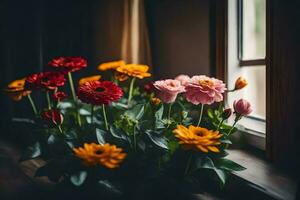 flowers in a vase on a windowsill. AI-Generated photo