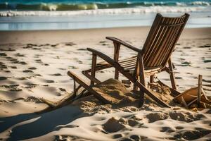 a wooden chair sits on the beach near the ocean. AI-Generated photo