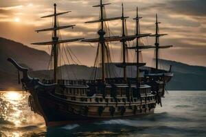 a pirate ship in the ocean at sunset. AI-Generated photo