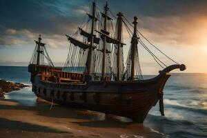 a wooden ship sits on the beach at sunset. AI-Generated photo