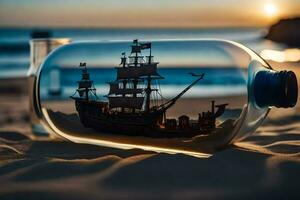 a ship in a bottle on the beach. AI-Generated photo