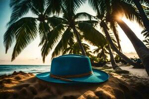 a blue hat sits on the sand near palm trees. AI-Generated photo