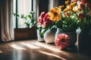 flowers in vases on a wooden table. AI-Generated photo