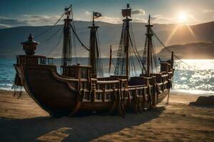 un de madera Embarcacion en el playa a puesta de sol. generado por ai foto