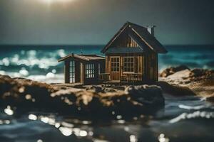 a miniature house on the beach with the sun shining. AI-Generated photo