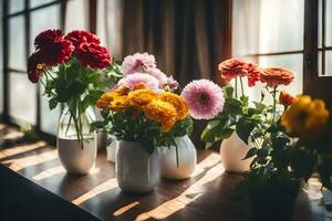 flowers in vases on a windowsill. AI-Generated photo