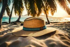 un sombrero se sienta en el arena a el playa. generado por ai foto