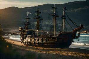 a pirate ship on the beach at sunset. AI-Generated photo